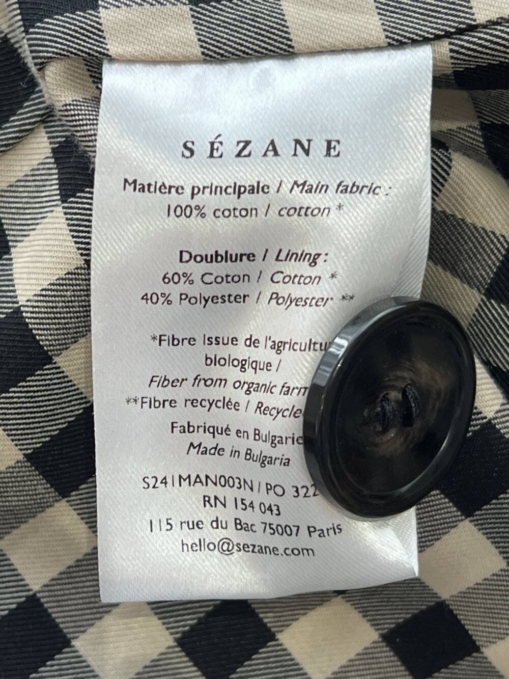 SÉZANE Clyde Coat Black Organic Cotton Trench Gingham Lining FR 34 (US 2) - Picture 7 of 10